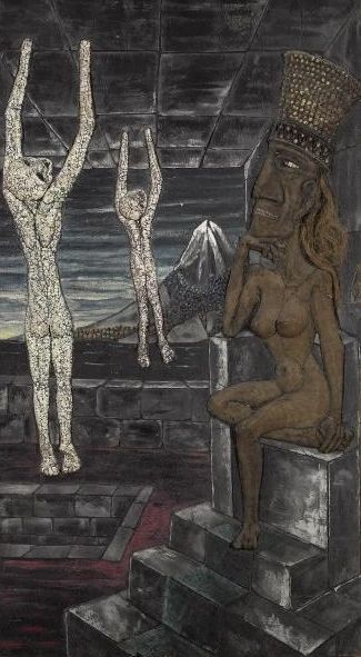 Pierre Bettencourt La comtesse sanglante, 1967 Technique mixte sur panneau (eggshell, coconut fiber, putty, paint, burlap, pine cone) 214x135cm Signé, daté et titré au dos   copie.jpg